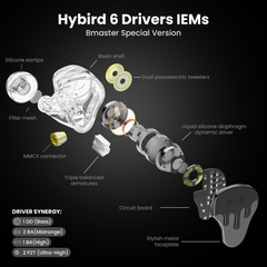 BASN BmasterX 6 Drivers(1DD+3BA+2PZT)In Ear Monitor Headphone (Black-Silver)