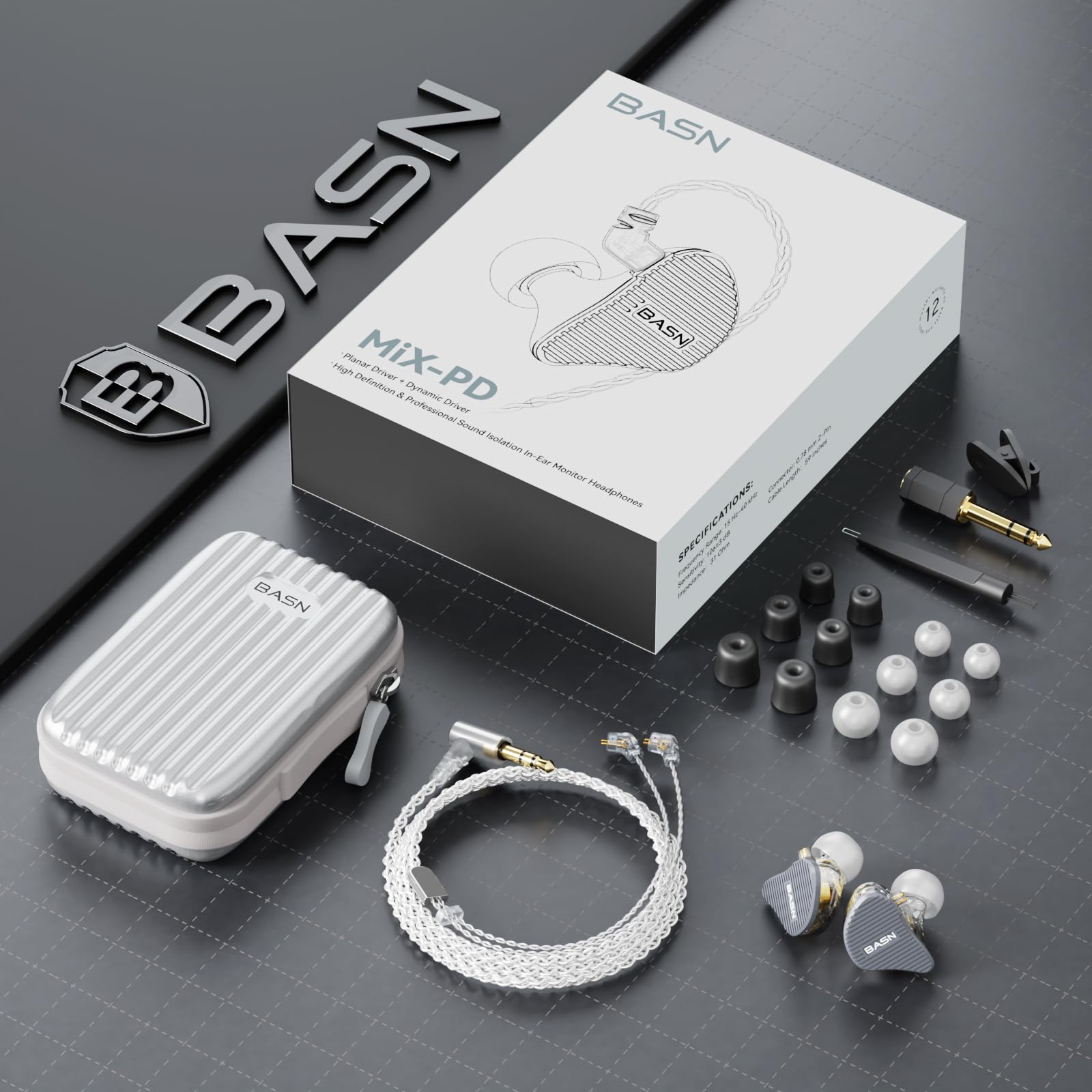 BASN Mix-PD 2-Pin Planar Driver+Dynamic Driver HiFi in Ear Monitor Earphone (Grey)