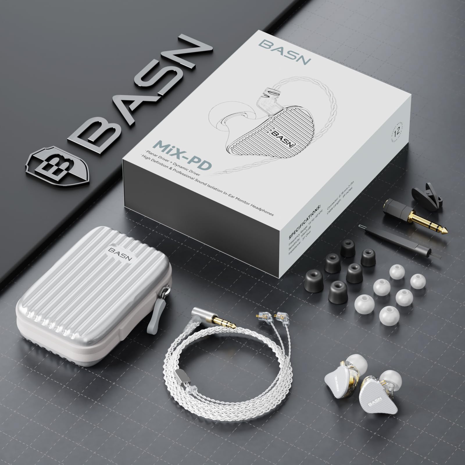 BASN Mix-PD 2-Pin Planar Driver+Dynamic Driver HiFi in Ear Monitor Earphone (Silver)